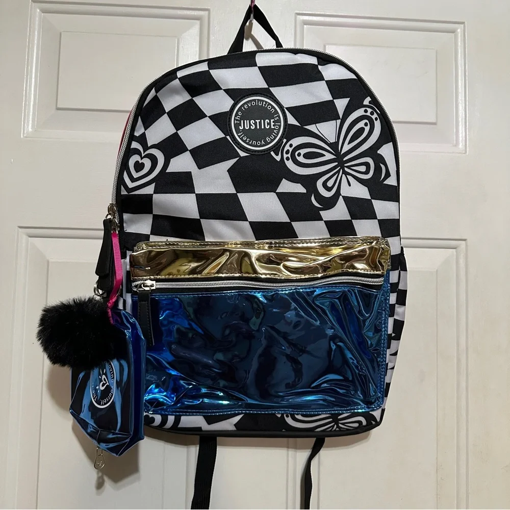 NEW Justice Sport Girls 17in Blue, Pink, Blk‎ Bookbag-Backpack  Checkered